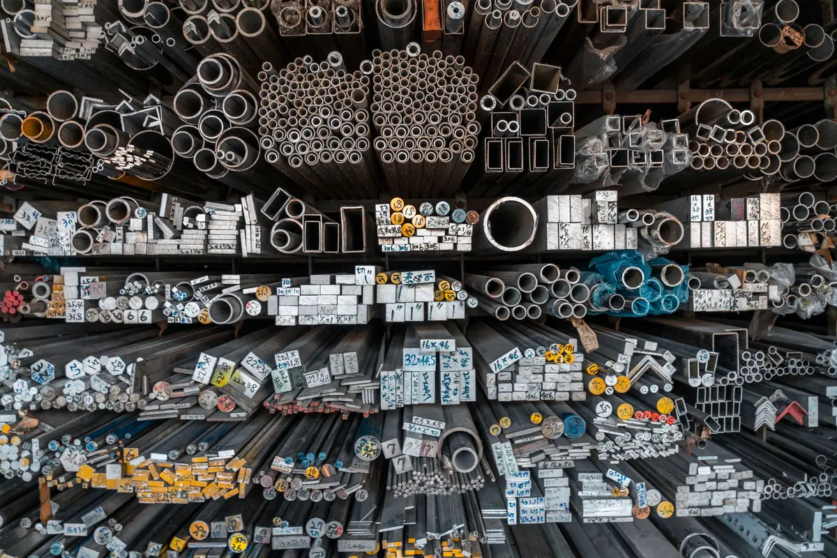 Steel bars, pipes and tubing stacked for distribution