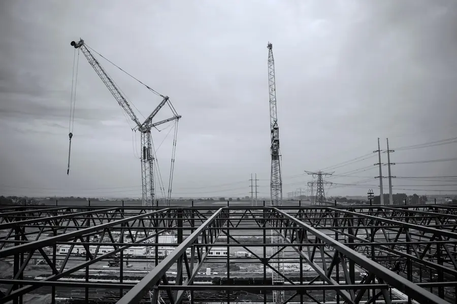 Steel beams on a construction project with cranes in the background